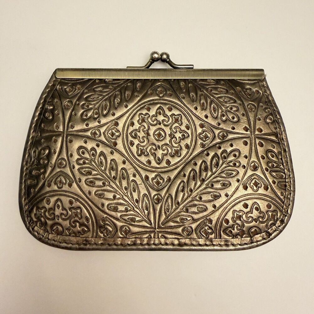 Vintage Bronze Metallic Genuine Leather Kiss Lock Coin Purse Embossed Floral